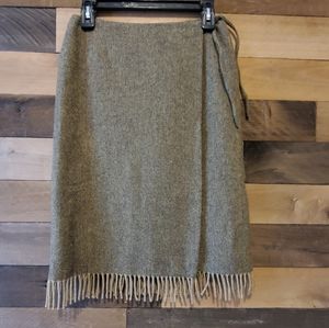 VINTAGE, Anne Klein Wool Herringbone Wrap Skirt, Fringe, Green, Lined, Sz 4, EUC